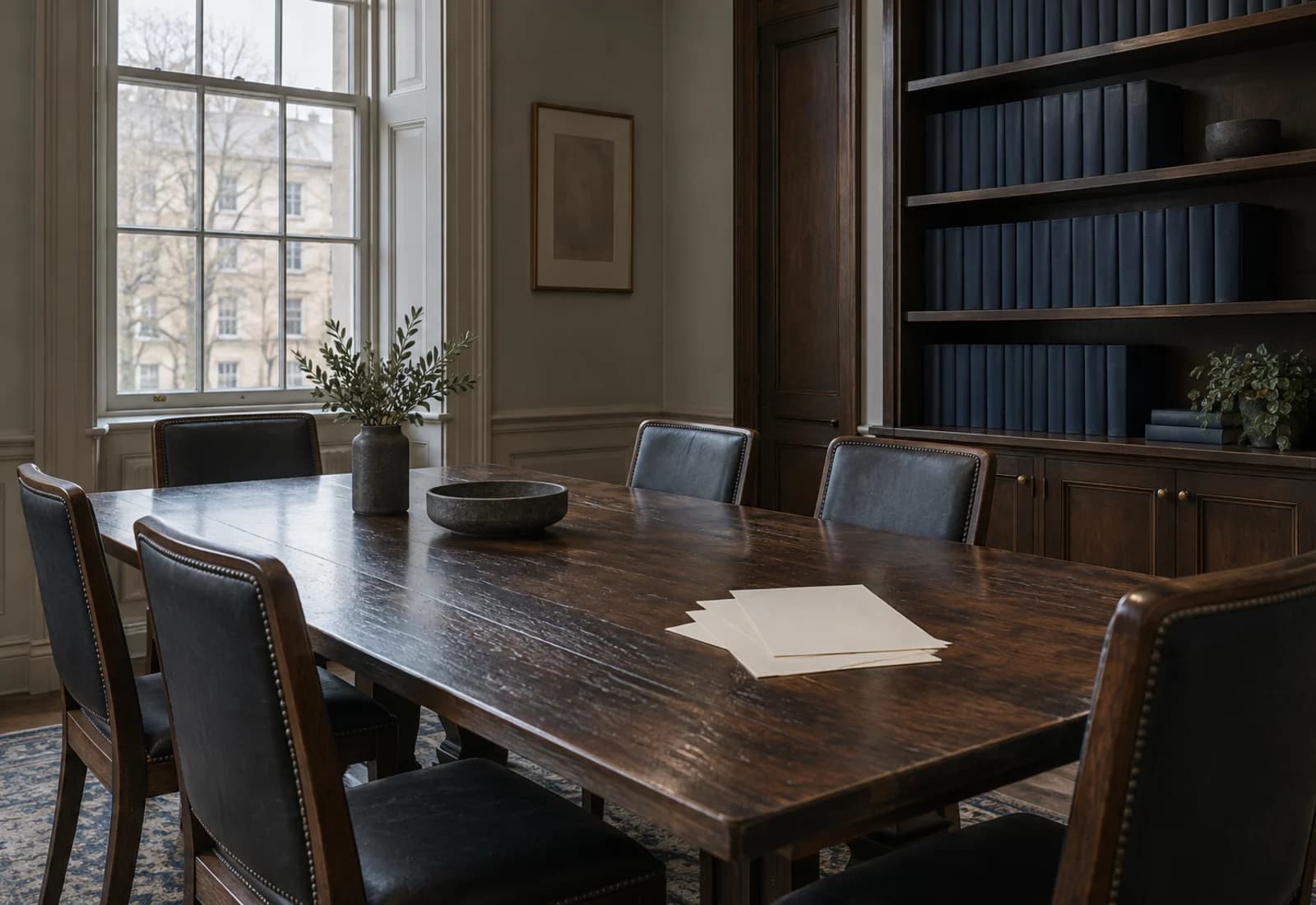 A conference table set for two parties.