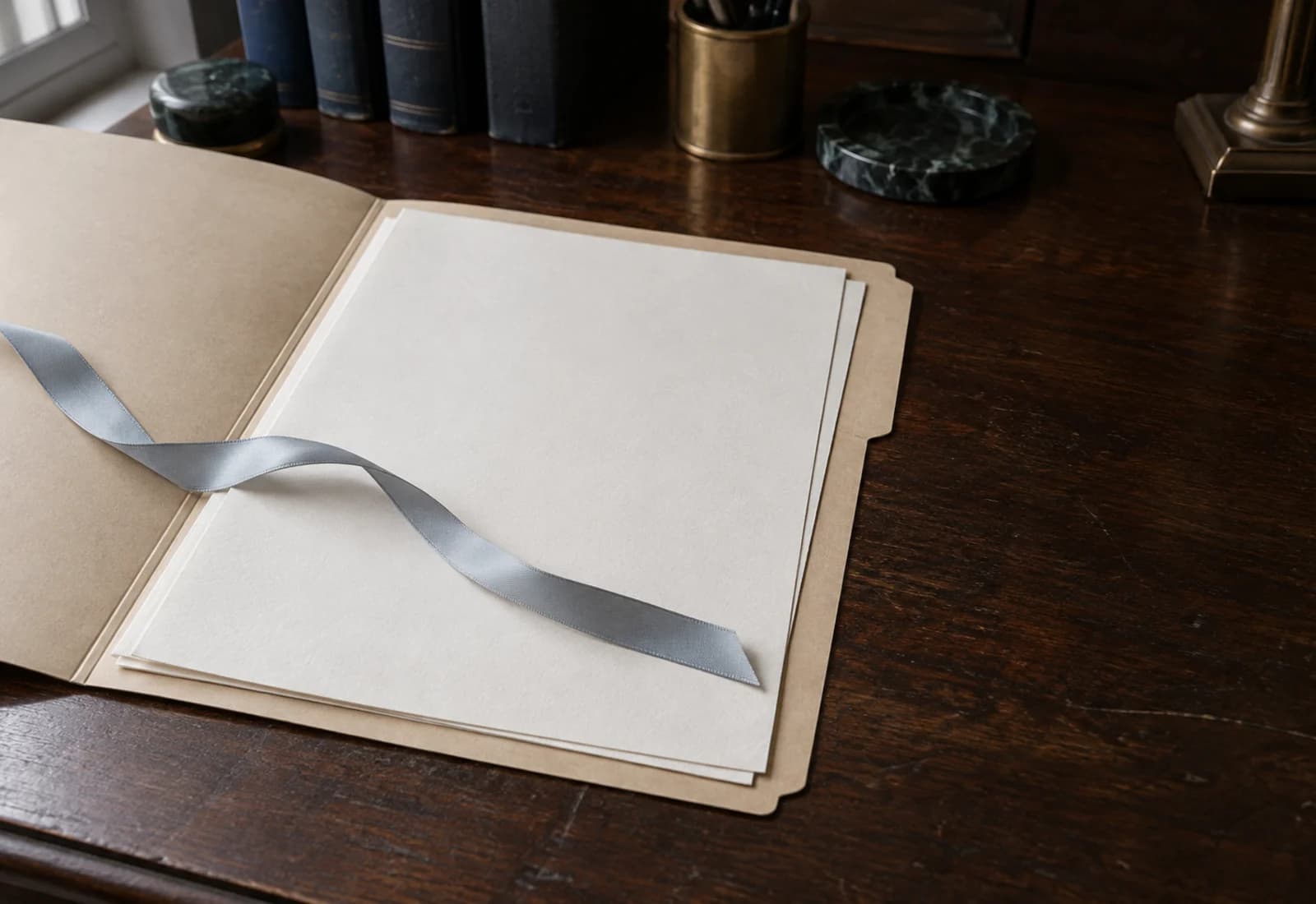 A matter file open on a desk.
